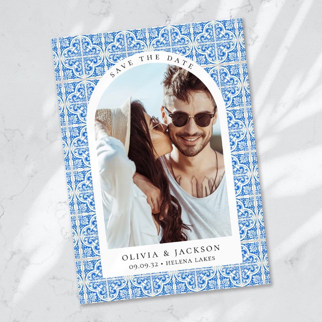 Mediterranean Blue Tile Arch Photo Wedding Save The Date (Creator Uploaded)