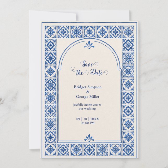 Mediterranean Blue Tile Arch Watercolor Wedding Invitation (Front)