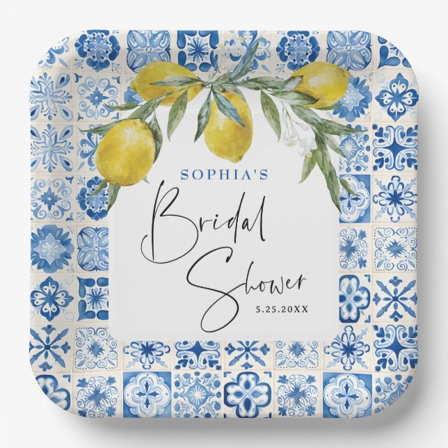 Mediterranean Blue Tile Bridal Shower Paper Plates (Front)