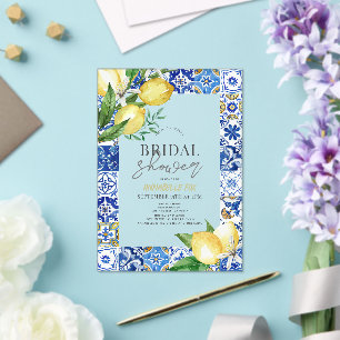 Mediterranean Blue Tile Citrus Lemon Bridal Shower Acrylic Invitations