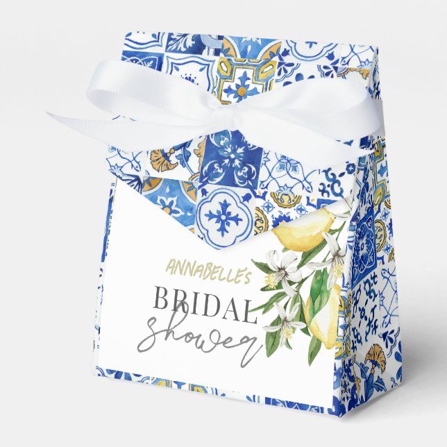 Mediterranean Blue Tile Citrus Lemon Bridal Shower Favour Box (Front Side)
