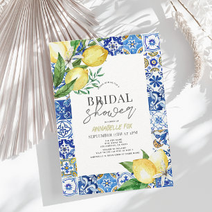 Mediterranean Blue Tile Citrus Lemon Bridal Shower Invitation