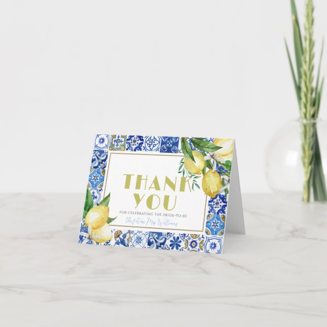 Mediterranean Blue Tile Citrus Lemon Bridal Shower Thank You Card (Front)