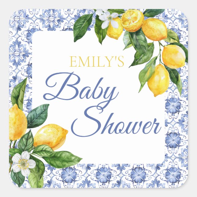 Mediterranean Blue Tile Lemon Baby Shower  Square Sticker (Front)