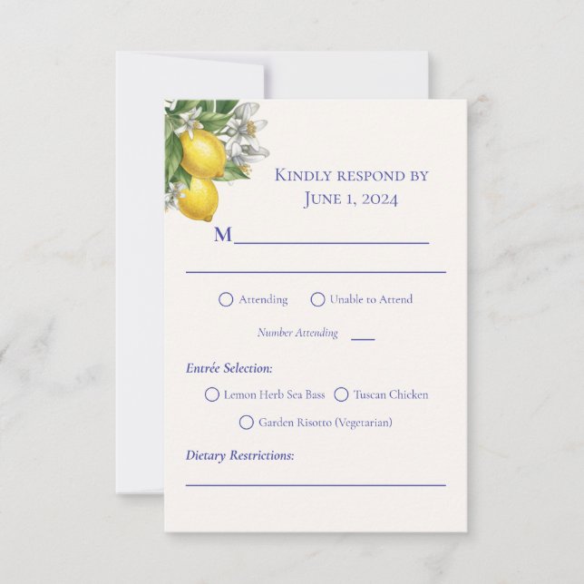 Mediterranean Blue Tile & Lemon Branch Wedding RSVP Card (Front)