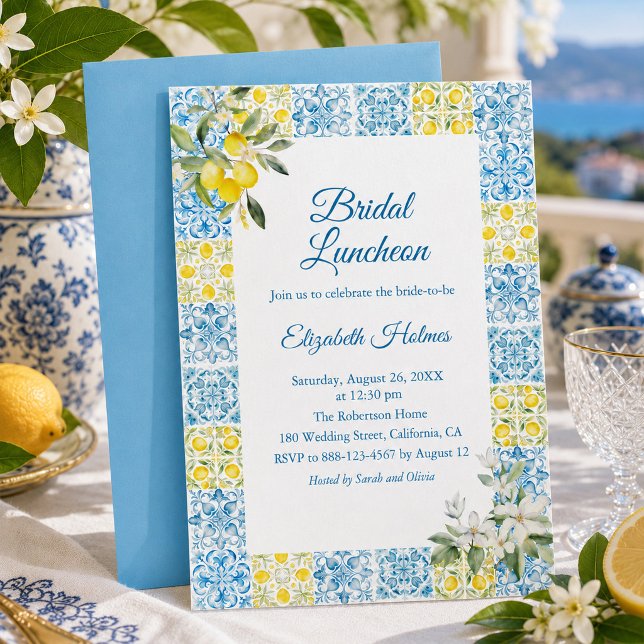 Mediterranean Blue Tile Lemon Bridal Luncheon Invitation (Mediterranean Blue Tile Lemon Bridal Luncheon Invitation)