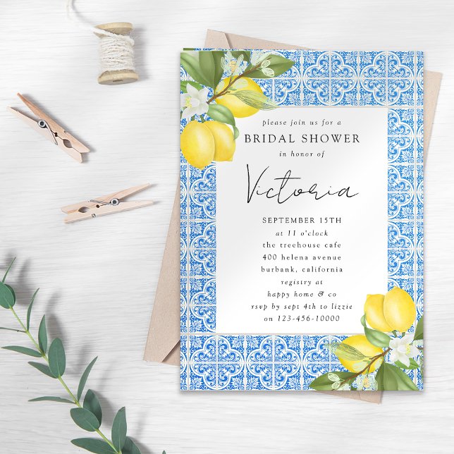 Mediterranean Blue Tile Lemon Bridal Shower Invitation (Creator Uploaded)