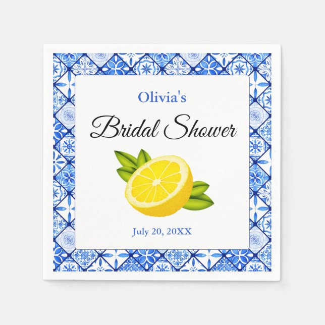 Mediterranean Blue Tile Lemon Bridal Shower Napkin (Front)