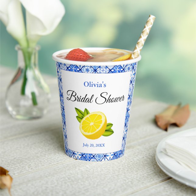 Mediterranean Blue Tile Lemon Bridal Shower Paper Cups (Insitu)