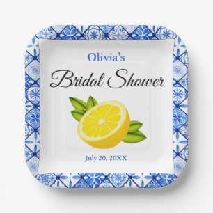 Mediterranean Blue Tile Lemon Bridal Shower Paper Plate