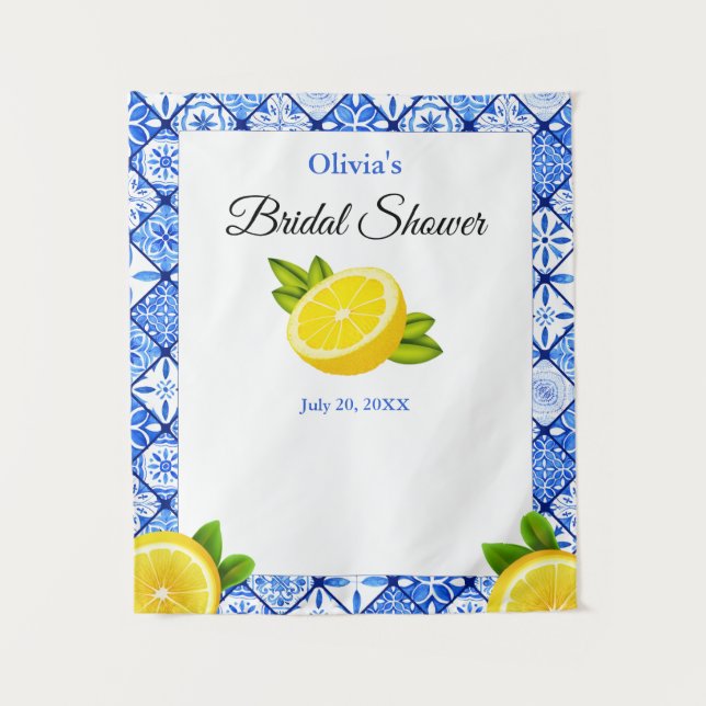 Mediterranean Blue Tile Lemon Bridal Shower Tapestry (Front)