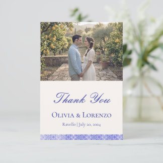 Mediterranean Blue Tile Lemon Photo Wedding Thank You Card