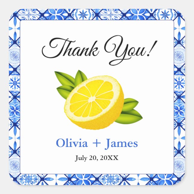 Mediterranean Blue Tile Lemon Thank You Wedding Square Sticker (Front)
