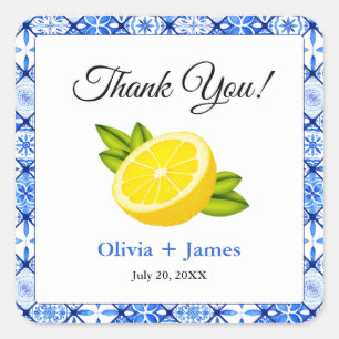 Mediterranean Blue Tile Lemon Thank You Wedding Square Sticker