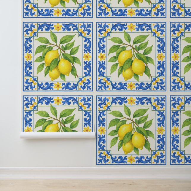 Mediterranean Blue Tile Lemon Wallpaper (Application)