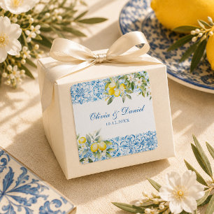 Mediterranean Blue Tile & Lemon Wedding Square Sticker