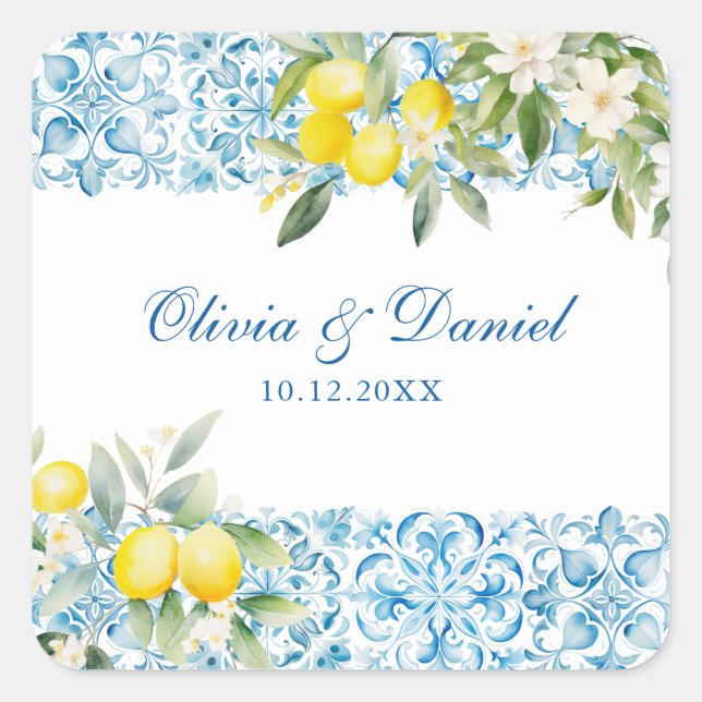 Mediterranean Blue Tile & Lemon Wedding Square Sticker (Front)