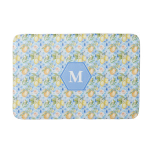 Mediterranean Blue Tile Limoncello Monogram Name Bath Mat
