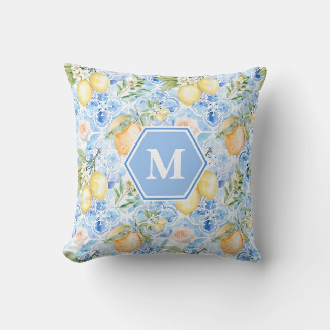 Mediterranean Blue Tile Limoncello Monogram Name Cushion (Front)