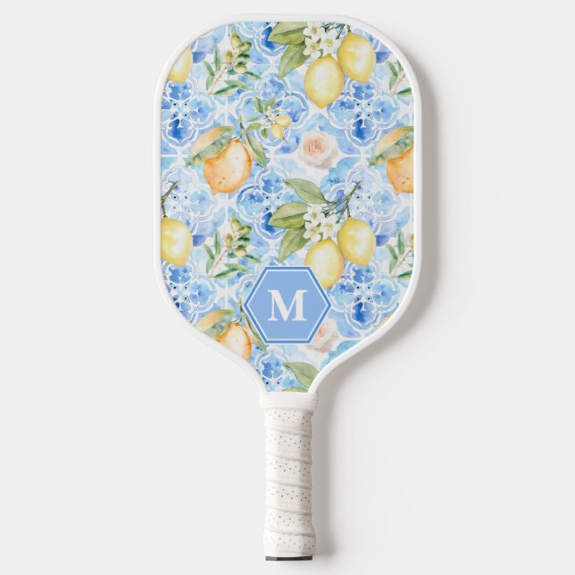 Mediterranean Blue Tile Limoncello Monogram Name Pickleball Paddle (Front)
