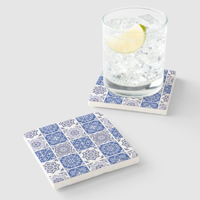 Mediterranean Blue Tile Marble Stone Coaster (Side)