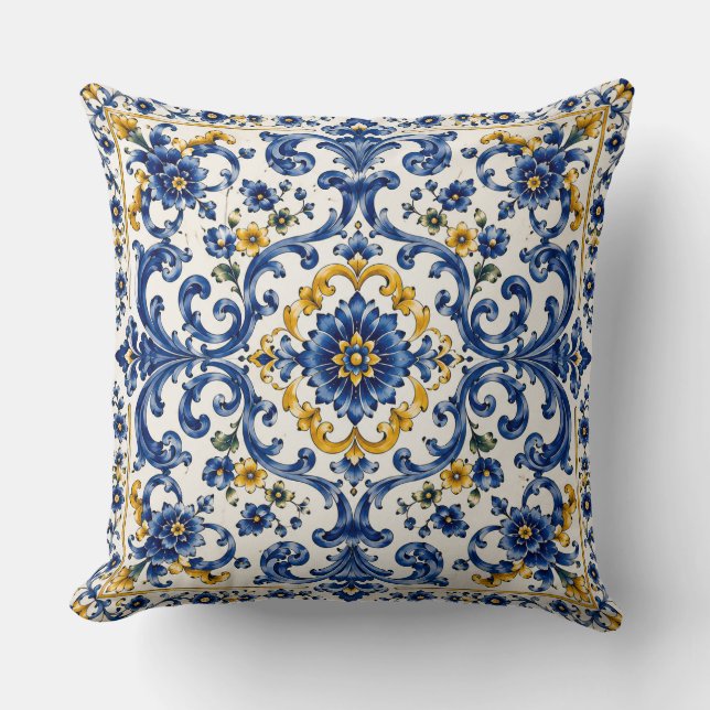 Mediterranean Blue Tile Pattern | Italian Ceramic  Cushion (Front)