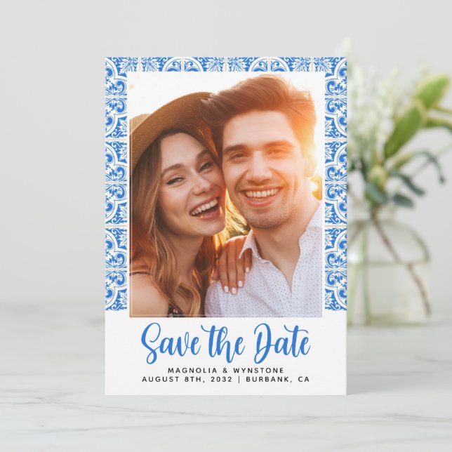 Mediterranean Blue Tile Photo Wedding  Save The Date (Standing Front)