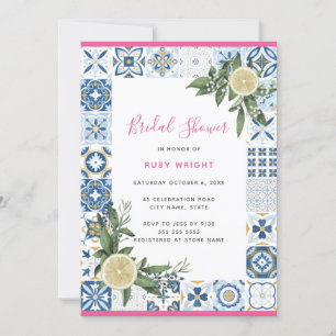 Mediterranean Blue Tile Pink Lemon Bridal Shower Invitation