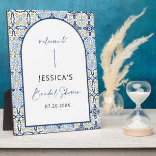 Mediterranean Blue Tile Summer Bridal Shower Sign Plaque