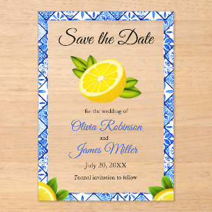 Mediterranean Blue Tile Wedding Save the Date Acrylic Invitations