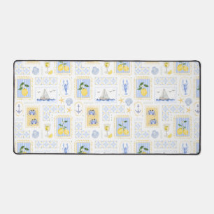 Mediterranean Blue Tile Yellow Lemon Coastal Desk Mat