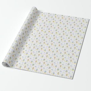 Mediterranean Blue Tile Yellow Lemon Coastal Wrapping Paper