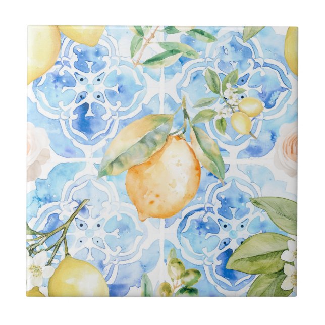 Mediterranean Blue Tile Yellow Lemon Watercolor (Front)