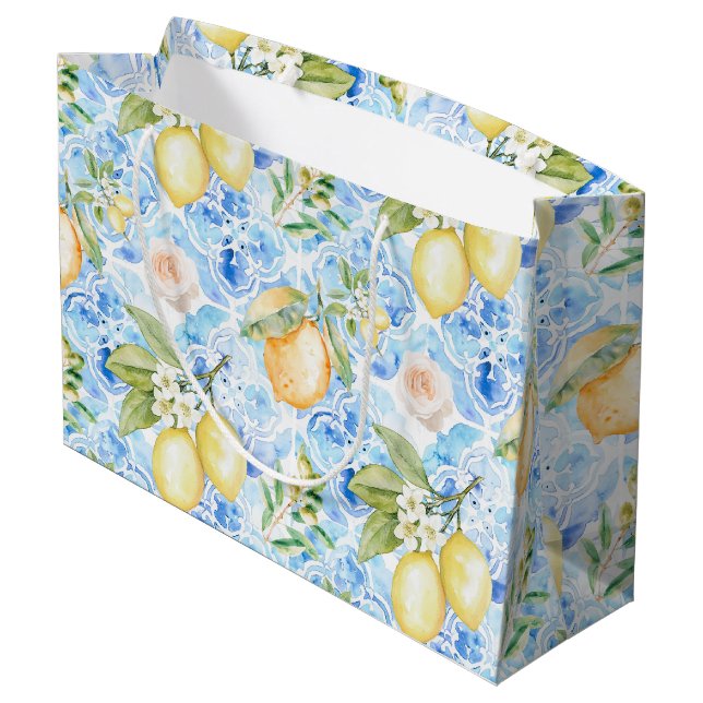 Mediterranean Blue Tile Yellow Lemon Watercolor Large Gift Bag (Back Angled)