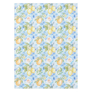 Mediterranean Blue Tile Yellow Lemon Watercolor Tablecloth