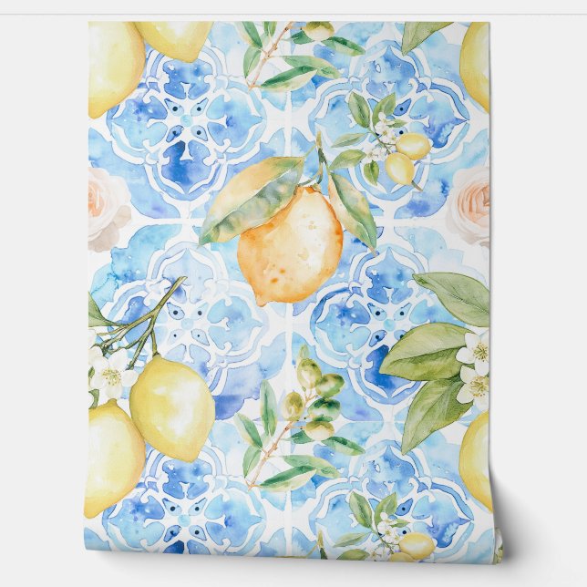 Mediterranean Blue Tile Yellow Lemon Watercolor Wallpaper (Unrolling)
