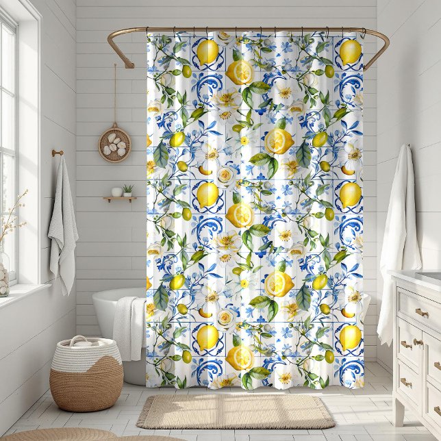 Mediterranean Blue Tiles and Lemon Shower Curtain (Mediterranean Blue Tiles and Lemon Shower Curtain in a white boho bathroom)