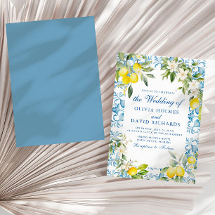 Mediterranean Blue Tiles and Lemon Wedding Invitation