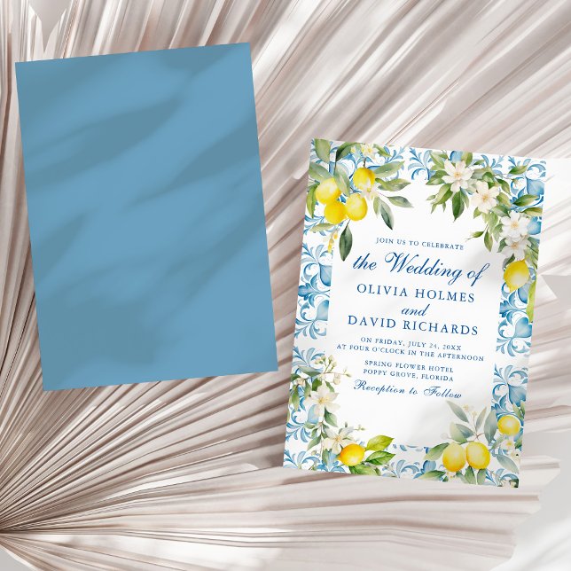 Mediterranean Blue Tiles and Lemon Wedding Invitation (Mediterranean Blue Tiles and Lemon Wedding Invitation on a sunny white dry palm leaf.)
