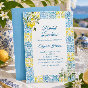 Mediterranean Blue Tiles and Lemons Bridal Brunch Invitation