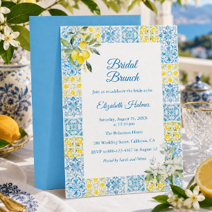 Mediterranean Blue Tiles and Lemons Bridal Brunch Invitation