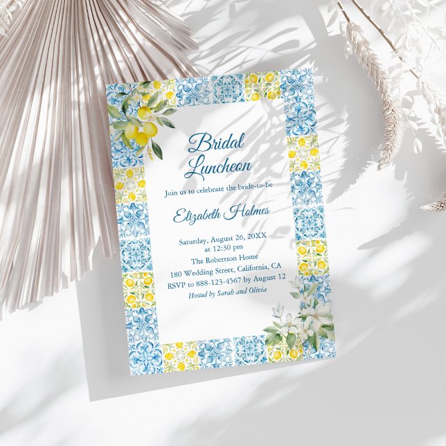 Mediterranean Blue Tiles and Lemons Bridal Brunch Invitation (Mediterranean Blue Tiles and Lemons Bridal Brunch Invitation on a sunny white table.)