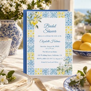 Mediterranean Blue Tiles and Lemons Bridal Shower Invitation