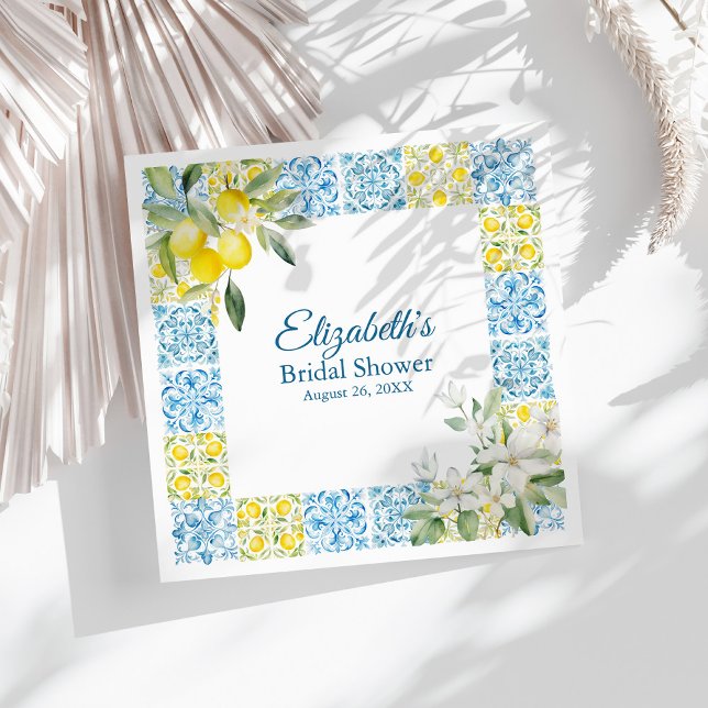 Mediterranean Blue Tiles and Lemons Bridal Shower Napkin (Mediterranean Blue Tiles and Lemons Bridal Shower Napkins on a sunny white table.)