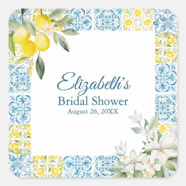 Mediterranean Blue Tiles and Lemons Bridal Shower Square Sticker (Front)