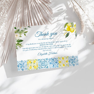 Mediterranean Blue Tiles and Lemons Bridal Shower Thank You Card