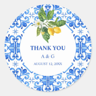 Mediterranean blue tiles and lemons wedding  classic round sticker
