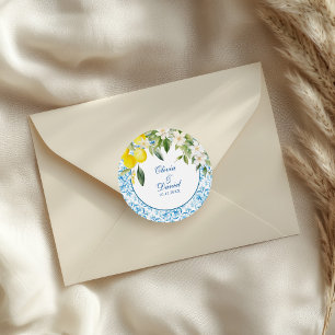 Mediterranean Blue Tiles and Lemons Wedding Classic Round Sticker
