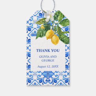 Mediterranean blue tiles and lemons wedding gift tags