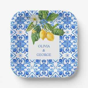 Mediterranean blue tiles and lemons wedding  paper plate